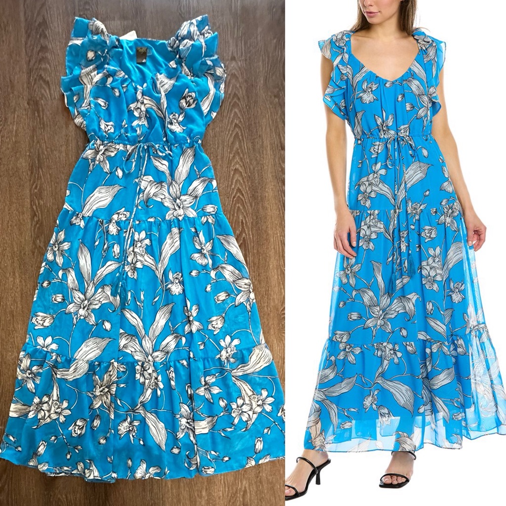 Taylor Blue Floral Tier Ruffle Midi Dress Size S Small